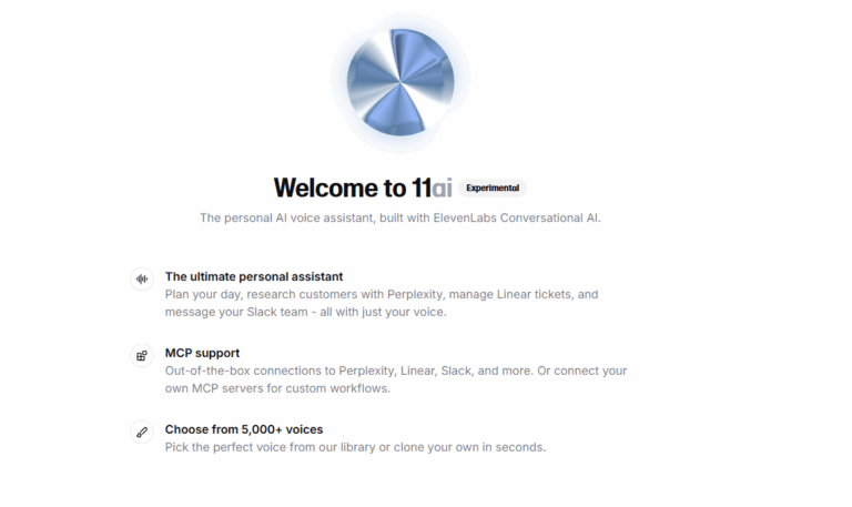 Screenshot dell’interfaccia di 11.ai, l’assistente vocale AI di ElevenLabs con supporto a MCP, Slack, Calendar e oltre 5.000 voci.
