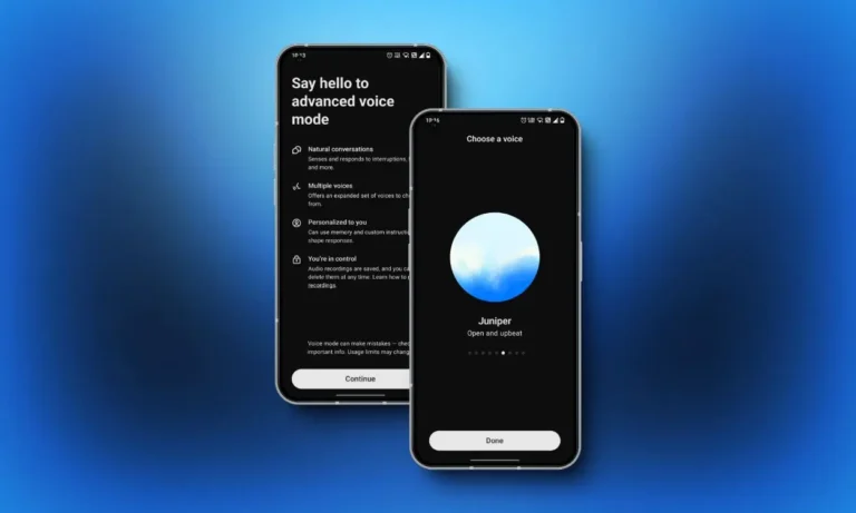 Due smartphone mostrano l'interfaccia di ChatGPT Voice Mode, con la selezione delle voci avanzate su sfondo blu sfumato.