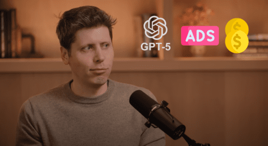 Sam Altman durante un’intervista, con icone di GPT-5, pubblicità e monetizzazione a rappresentare le novità annunciate da OpenAI.