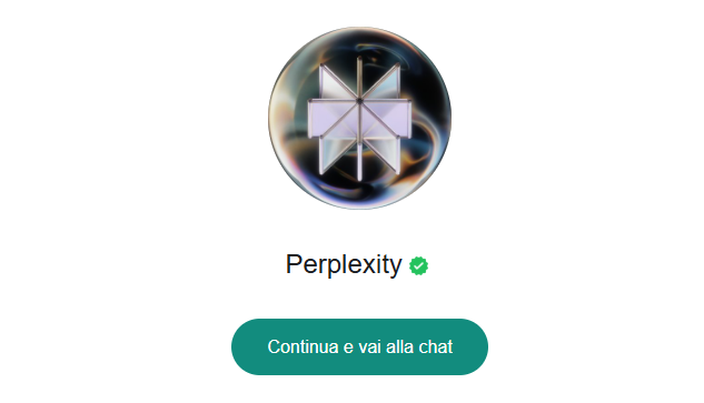 Logo verificato di Perplexity su WhatsApp, con pulsante per avviare la chat.