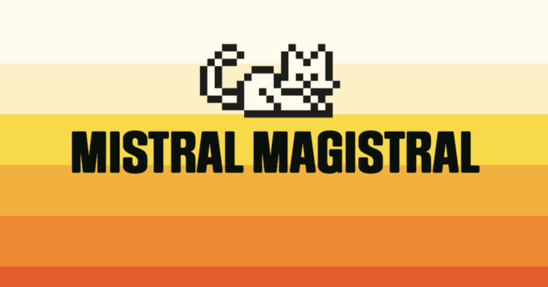 Logo Mistral AI con scritta Magistral su sfondo a strisce arancioni e gialle, rappresentativo del nuovo modello AI europeo di ragionamento.
