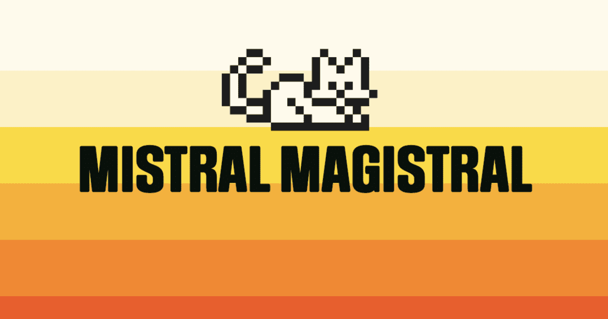 Logo Mistral AI con scritta Magistral su sfondo a strisce arancioni e gialle, rappresentativo del nuovo modello AI europeo di ragionamento.