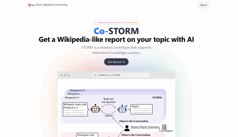 reenshot della homepage di Co-STORM, il progetto di Stanford che genera report interattivi in stile Wikipedia tramite intelligenza artificiale.