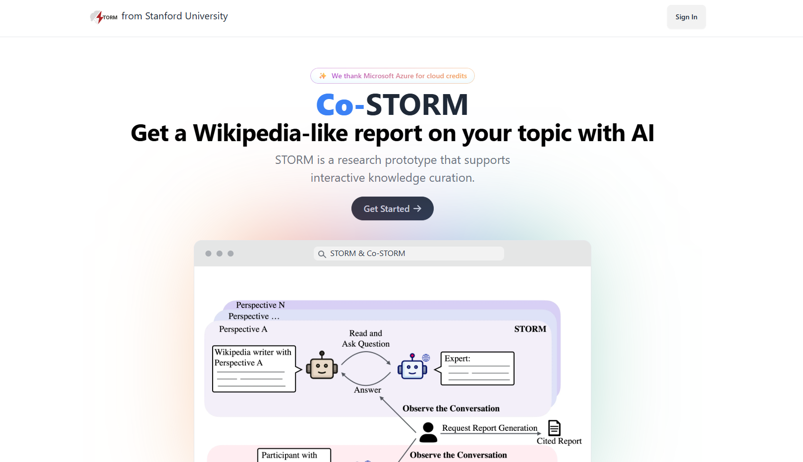 reenshot della homepage di Co-STORM, il progetto di Stanford che genera report interattivi in stile Wikipedia tramite intelligenza artificiale.