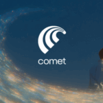 Logo di Comet, il browser AI-native di Perplexity, con una figura umana immersa in un paesaggio digitale ispirato a una scia di luce cosmica.