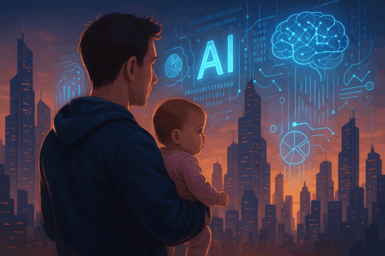 Illustrazione digitale di un padre che osserva una rappresentazione dell’AI in una città del futuro, simbolo del rapporto tra tecnologia e umanità.
