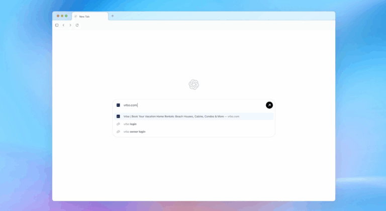 Interfaccia del browser ChatGPT Atlas di OpenAI con barra di ricerca integrata, simbolo di un nuovo modo di navigare il web tramite intelligenza artificiale.