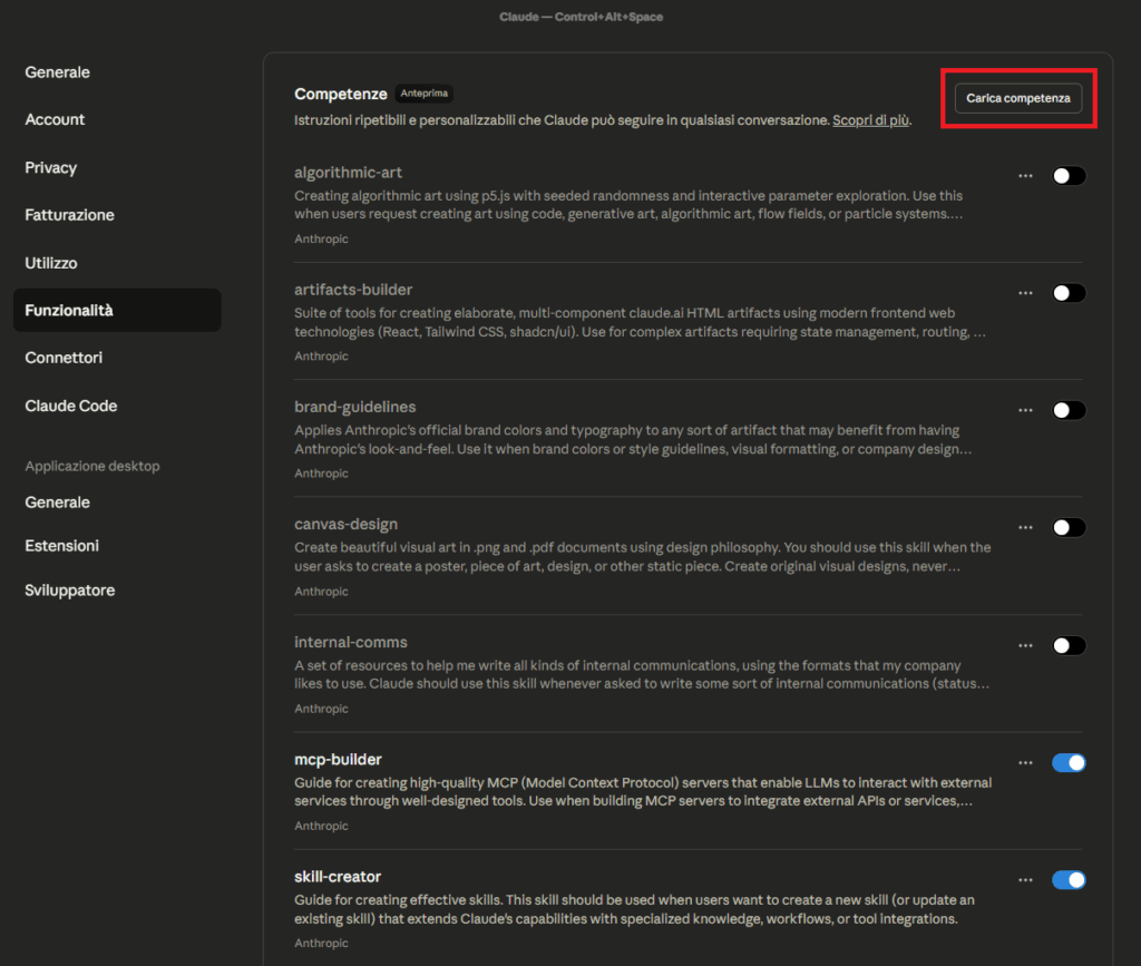 Schermata di Claude con Funzionalità > Skills: pulsante “Carica competenza” e toggle attivi per abilitare le Claude Skills