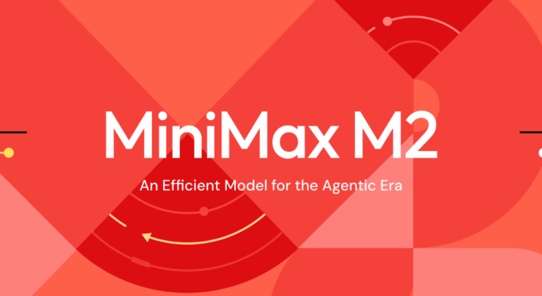 Copertina MiniMax M2 con testo “An Efficient Model for the Agentic Era” su sfondo rosso/arancione astratto.