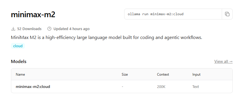 Schermata di Ollama con il modello “minimax-m2:cloud”, comando ollama run minimax-m2:cloud e contesto massimo indicato di 200K token.