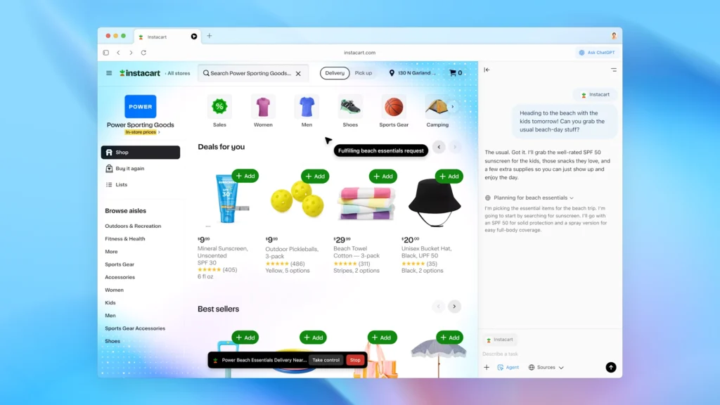 Schermata del browser ChatGPT Atlas di OpenAI che mostra l’agente AI in azione su Instacart mentre aggiunge prodotti al carrello per una lista “Beach Essentials”.