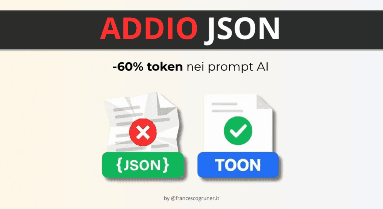 Grafica con il testo “Addio JSON” che mostra due icone a confronto: un file JSON con errore e un file TOON corretto, a indicare la riduzione del 60% dei token nei prompt AI.