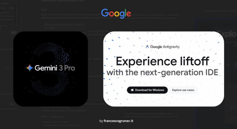 Copertina con Gemini 3 Pro e Google Antigravity, il nuovo IDE agentico presentato da Google.
