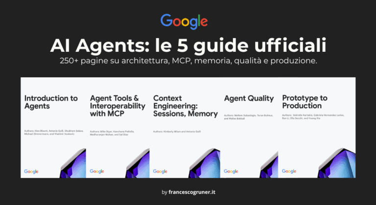 Copertina delle 5 guide ufficiali Google sugli AI Agents: architettura, strumenti MCP, memoria, qualità e produzione.