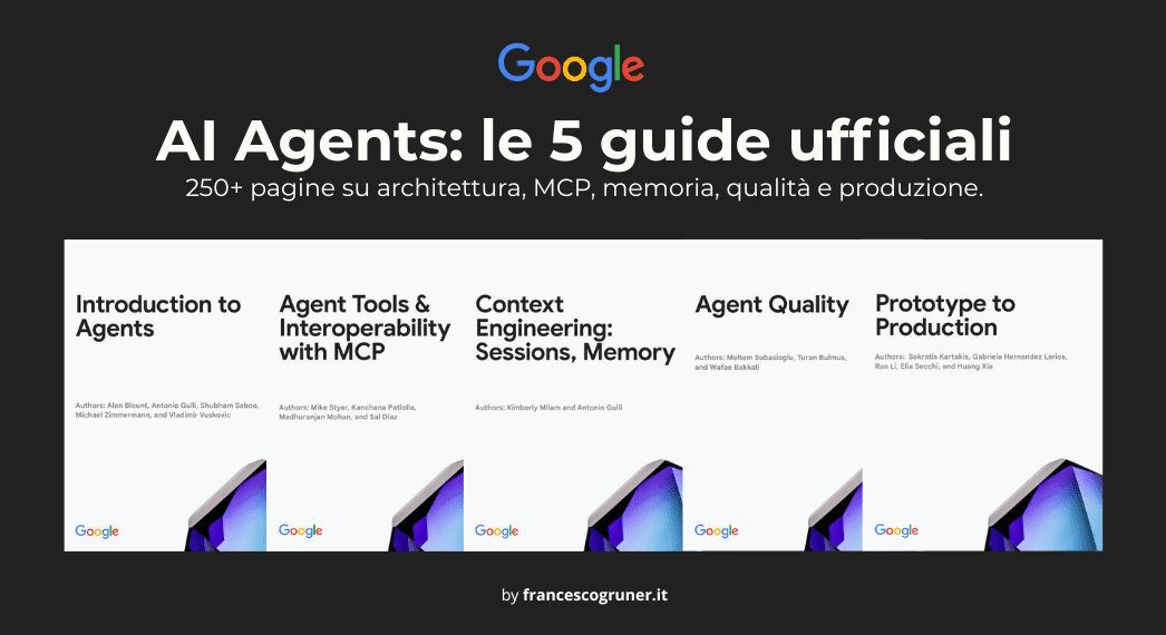 Copertina delle 5 guide ufficiali Google sugli AI Agents: architettura, strumenti MCP, memoria, qualità e produzione.