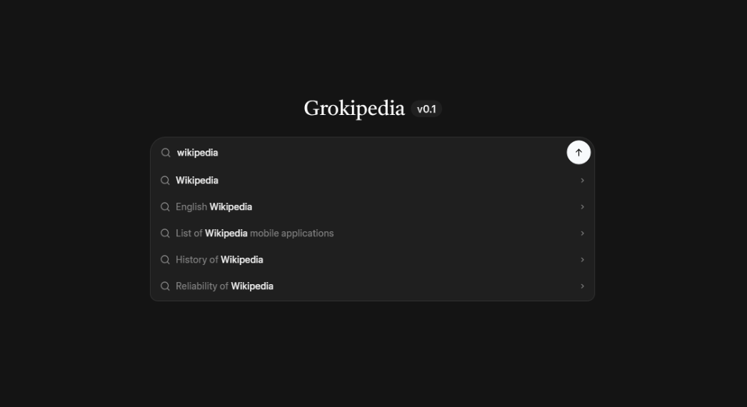 Interfaccia di Grokipedia v0.1 con la barra di ricerca che mostra voci relative a Wikipedia
