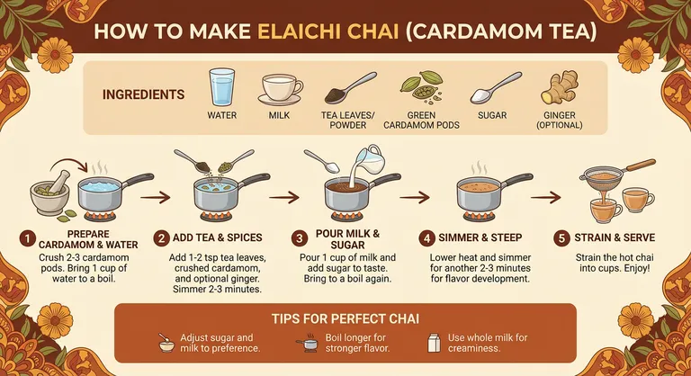 Infografica generata con Nano Banana Pro che mostra come preparare l’Elaichi Chai, con ingredienti e passaggi illustrati