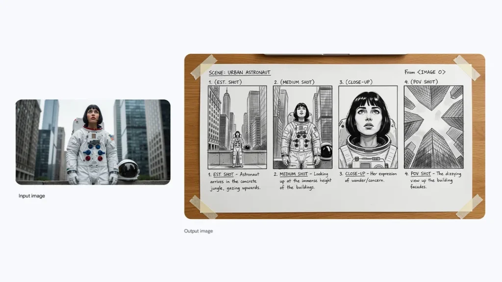 Storyboard creato con Nano Banana Pro a partire dalla foto di un’astronauta in città