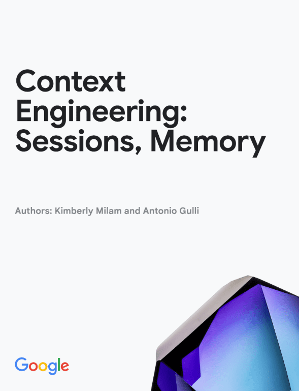 Copertina del documento Google "Context Engineering: Sessions, Memory", dedicato alla gestione del contesto, delle sessioni e della memoria negli agenti AI.