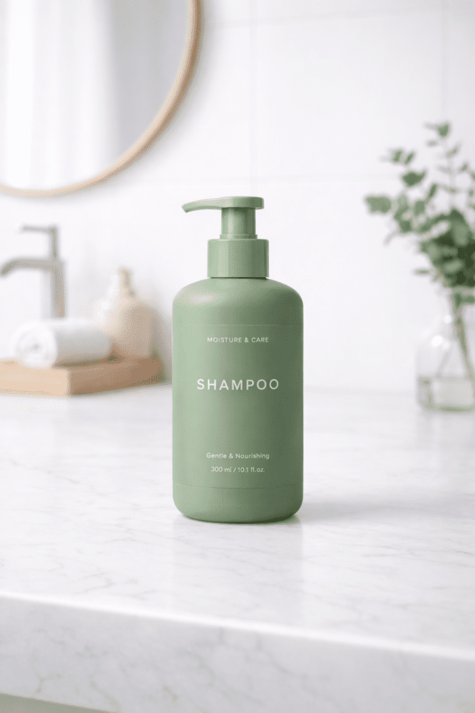 Variante colore verde di una bottiglia di shampoo mantenendo luce e ambientazione, generata con ChatGPT Images e GPT Image 1.5
