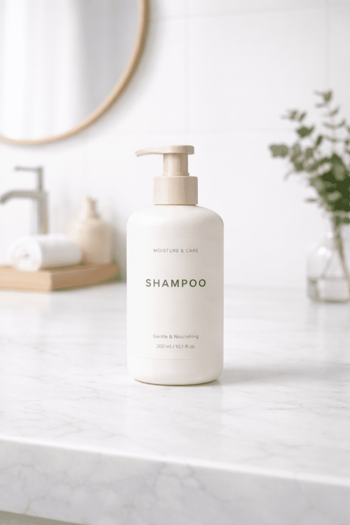Mockup di bottiglia di shampoo in un bagno moderno luminoso, generato con ChatGPT Images mantenendo identico il prodotto originale