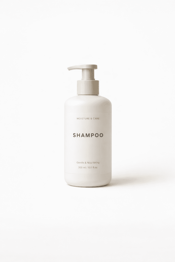 Mockup di una bottiglia di shampoo minimalista su sfondo bianco, generato con ChatGPT Images e GPT Image 1.5 per e-commerce
