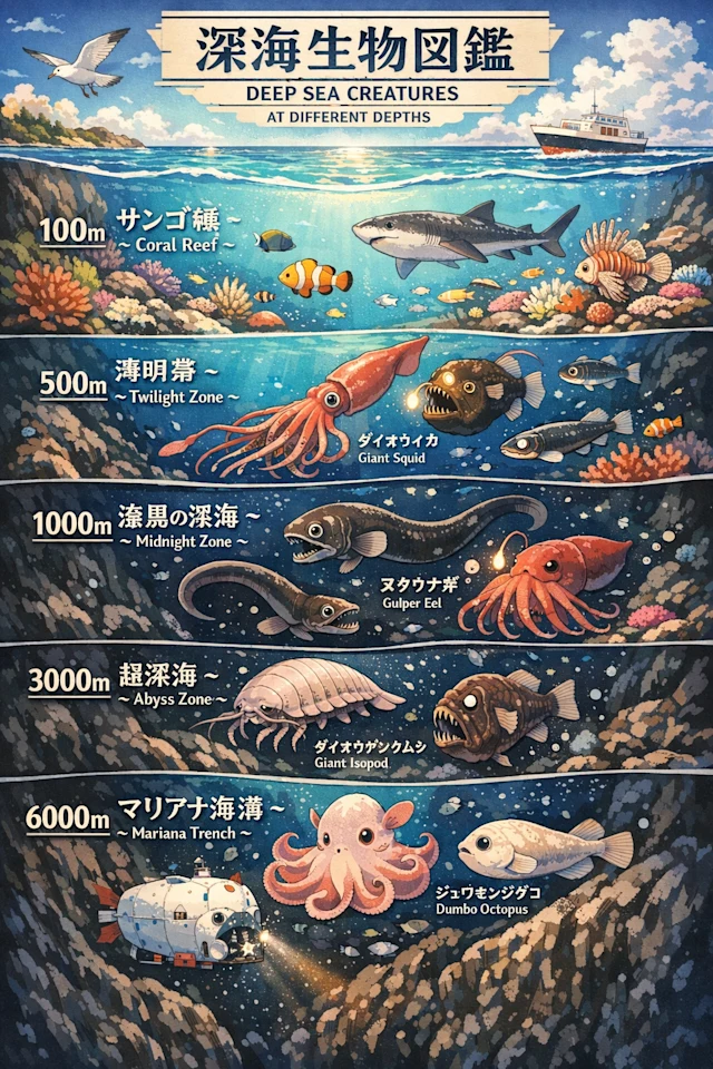Infografica sugli ecosistemi marini a diverse profondità, con testo e illustrazioni coerenti, generata con ChatGPT Images e GPT Image 1.5