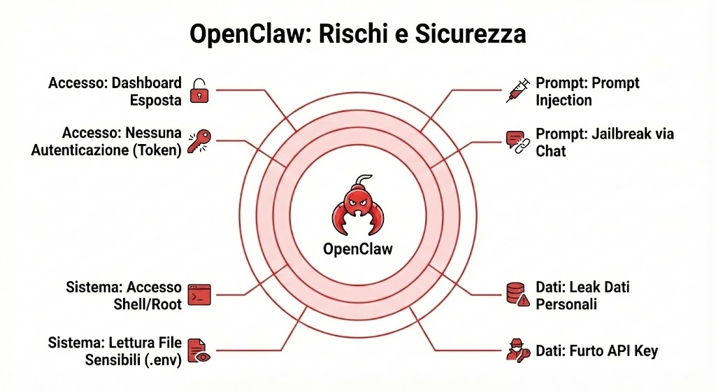 Infografica che mostra i rischi di sicurezza nell'uso di OpenClaw e Ollama, tra cui iniezione di prompt, vulnerabilità della supply chain, eccessiva autonomia dell'agente e furto di dati sensibili.