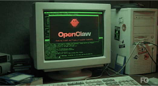 Monitor CRT vintage con codice verde e logo rosso di OpenClaw, in un setup retro-futuristico con computer beige.