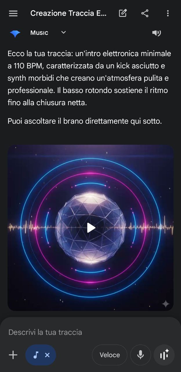 Esempio prompt Lyria 3 e player della traccia generata