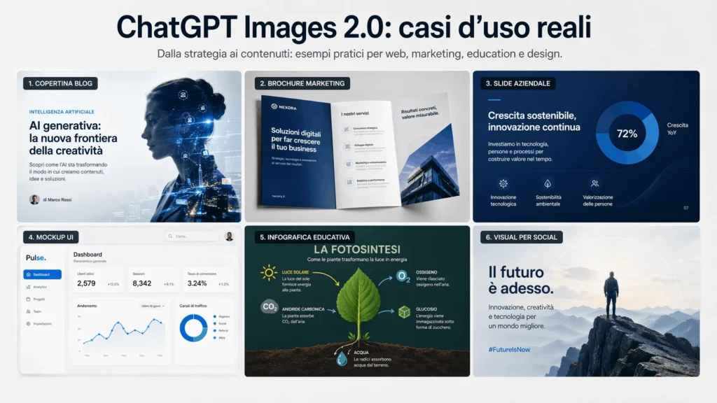Collage professionale in formato 16:9 che mostra i principali casi d’uso di ChatGPT Images 2.0: copertina blog, brochure marketing, slide aziendale, mockup UI, infografica educativa e visual per social media.