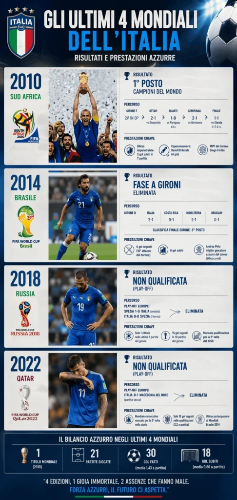 Infografica verticale in italiano sulle ultime quattro edizioni dei Mondiali di calcio con risultati dei tornei e prestazioni della nazionale italiana tra 2010, 2014, 2018 e 2022.