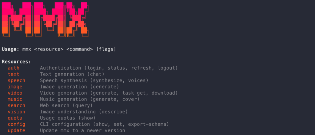 Interfaccia terminale di MiniMax MMX-CLI con elenco dei comandi disponibili per text, image, video, speech, music, vision e search