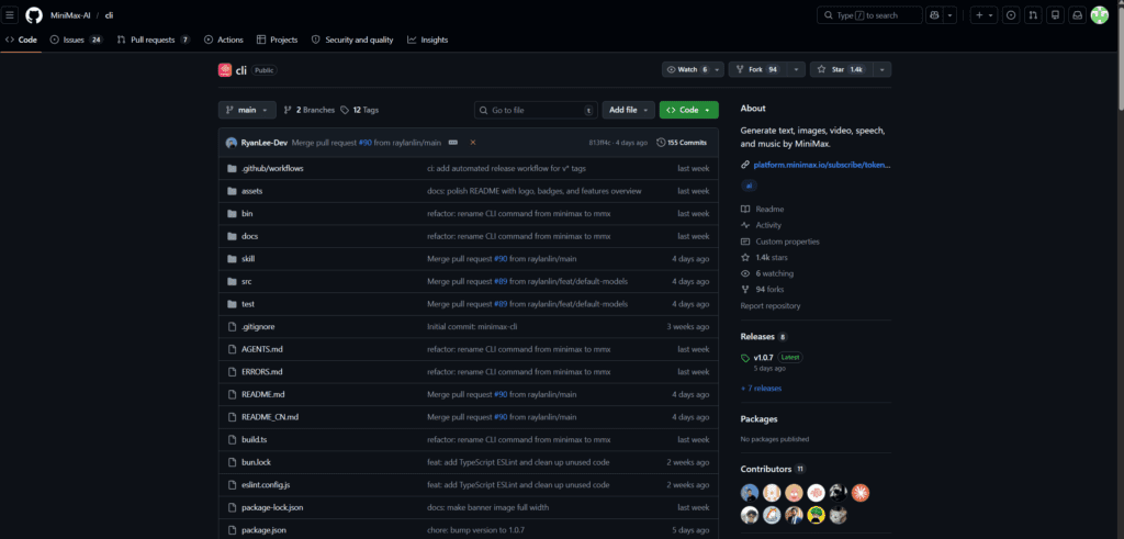 Repository GitHub di MiniMax MMX-CLI con codice sorgente, documentazione e dettagli del progetto