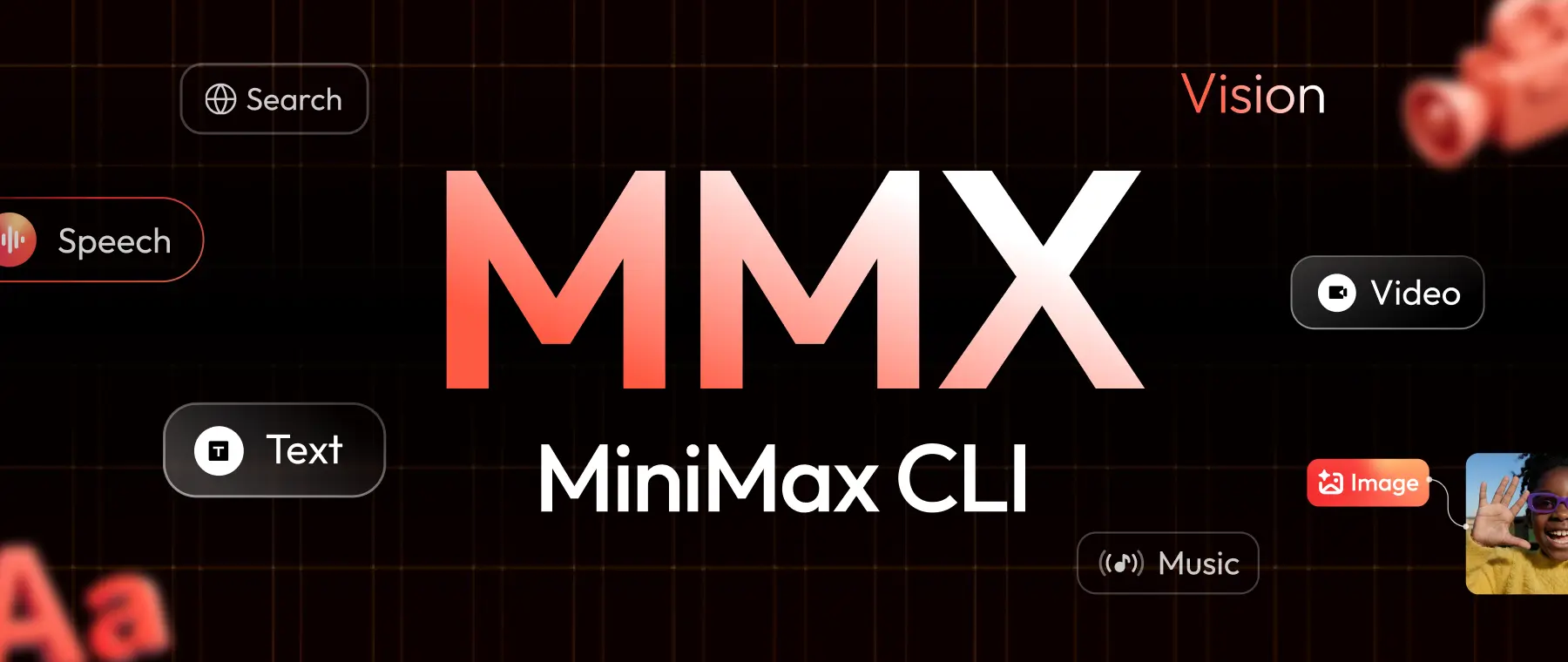MiniMax MMX-CLI interfaccia con funzioni text, image, video, speech, music, vision e search