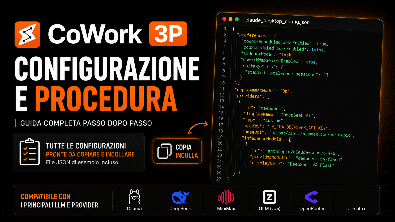 Copertina grafica di CoWork 3P con esempio di configurazione del file claude_desktop_config.json e compatibilità con DeepSeek, Ollama, MiniMax, GLM e OpenRouter.