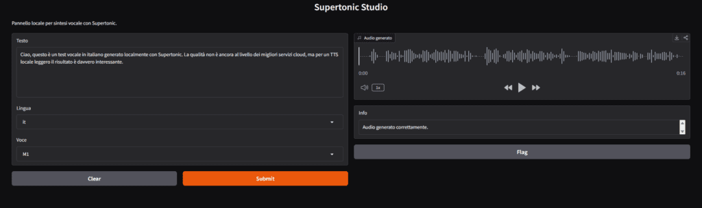 Interfaccia web locale di Supertonic TTS su Windows per generare voce AI in italiano con Gradio