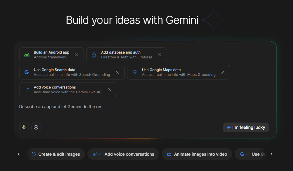 Google AI Studio Build con funzioni per creare app Android con Gemini