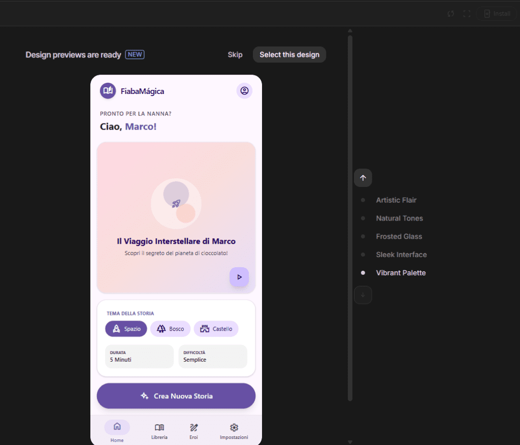 Google AI Studio propone diversi temi grafici per un’app Android generata con AI