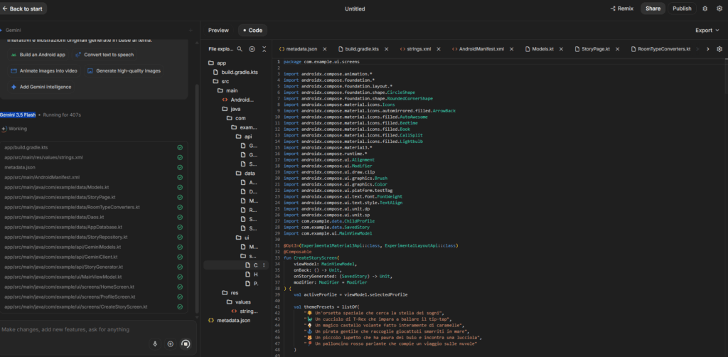 Codice Kotlin e Jetpack Compose generato da Google AI Studio per una app Android