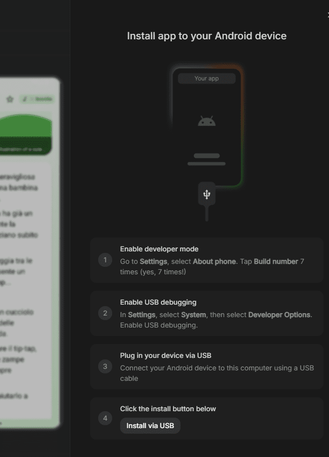 Installazione via USB di una app Android generata con Google AI Studio Build