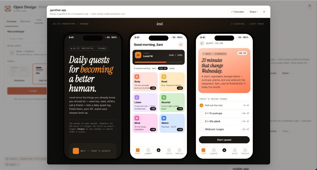 Esempio di prototipo mobile ad alta fedeltà generato in locale da Open Design per un'app gamificata