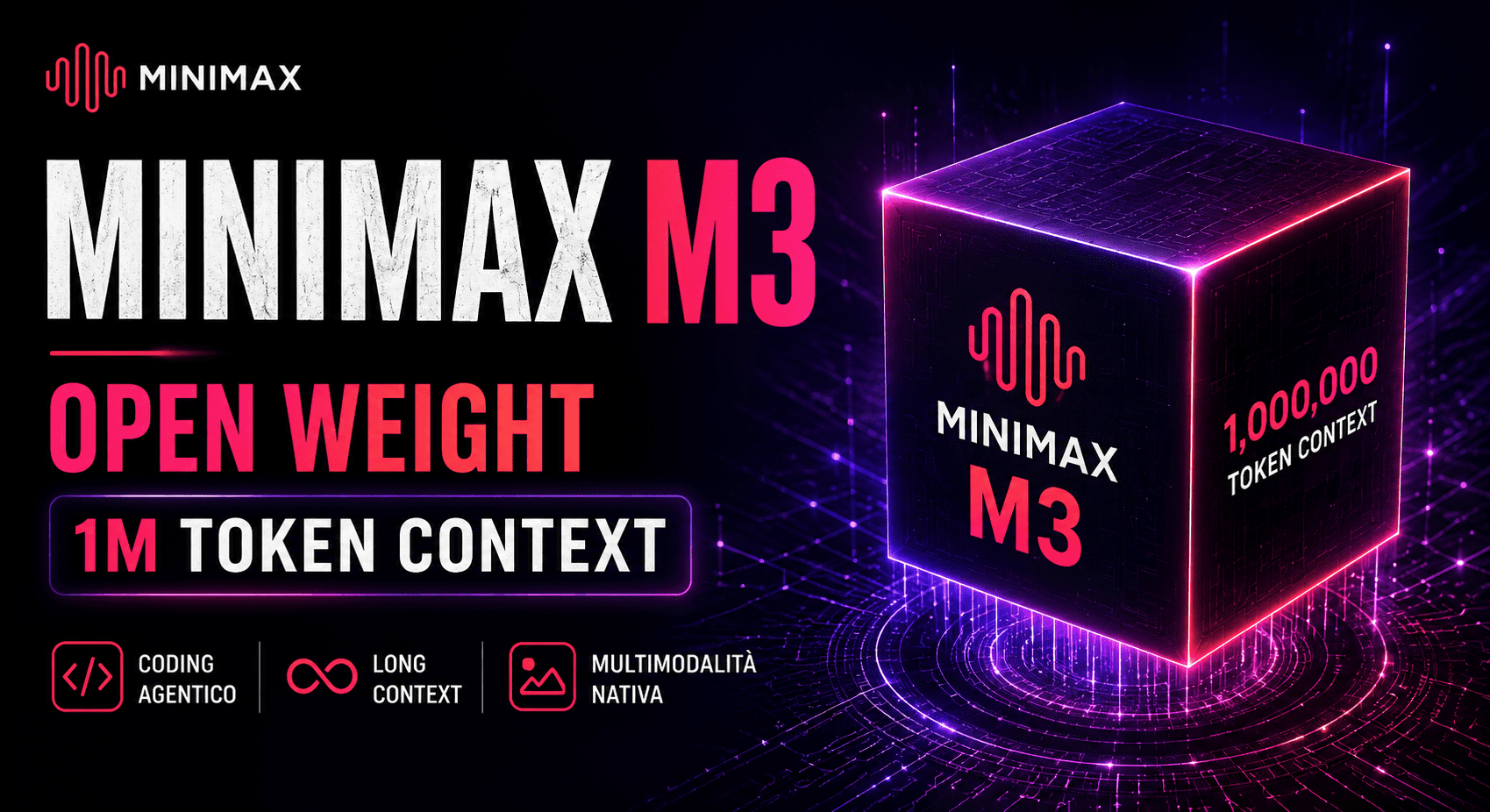 Immagine di copertina futuristica dedicata a MiniMax M3, modello AI open weight con contesto da 1 milione di token, coding agentico, multimodalità nativa e architettura MiniMax Sparse Attention.