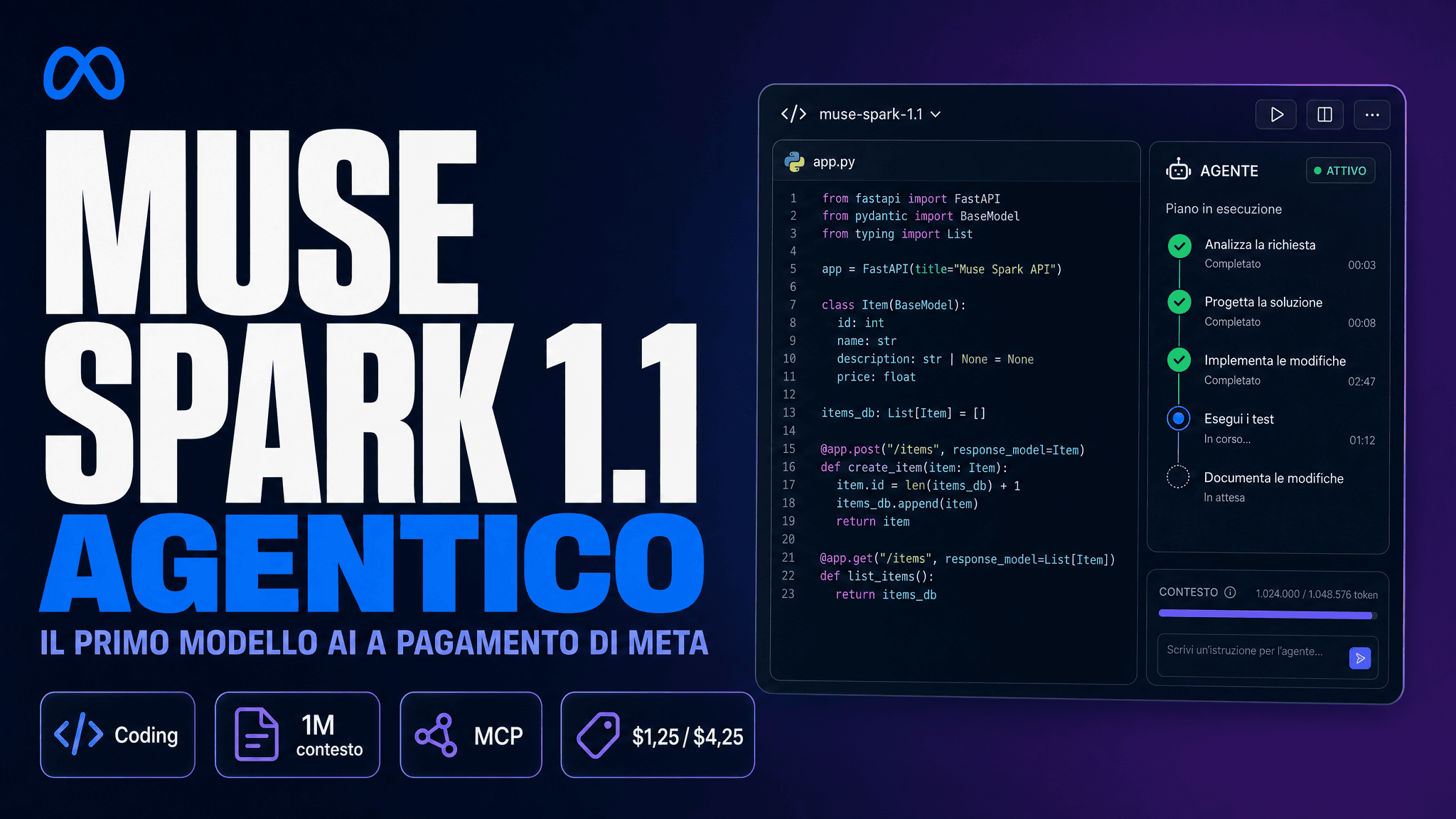 Muse Spark 1.1 di Meta, copertina del modello agentico da coding