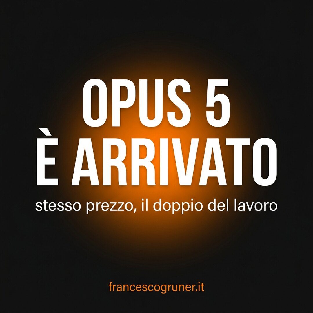 Copertina quadrata generata dal Prompt 1: OPUS 5 È ARRIVATO, sottotitolo e indirizzo del sito in arancione