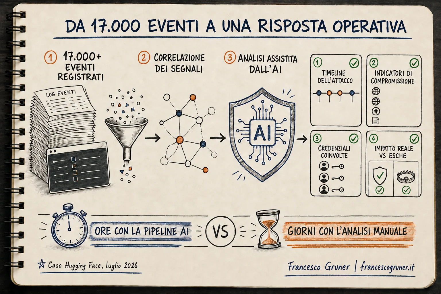 Da 17.000 eventi a una risposta operativa: log degli eventi, correlazione dei segnali, analisi assistita dall'AI, e come esiti timeline dell'attacco, indicatori di compromissione, credenziali coinvolte e impatto reale rispetto alle esche. Ore con la pipeline AI contro giorni con l'analisi manuale. Caso Hugging Face, luglio 2026