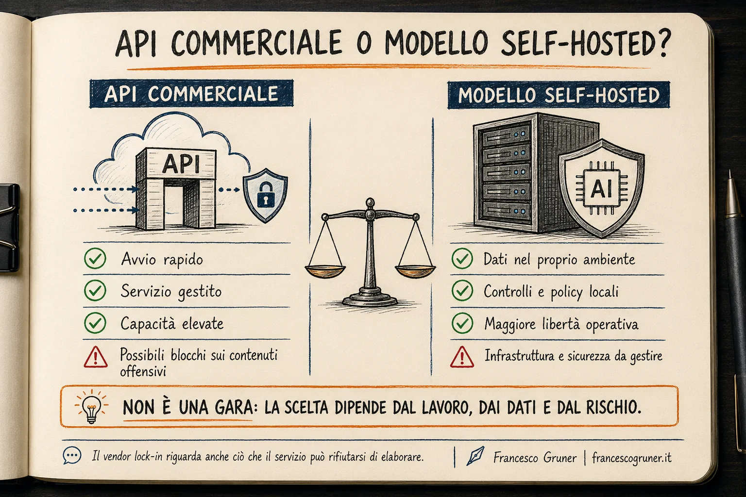 API commerciale o modello self-hosted: l'API commerciale da' avvio rapido, servizio gestito e capacità elevate ma possibili blocchi sui contenuti offensivi; il modello self-hosted tiene i dati nel proprio ambiente, con controlli e policy locali e maggiore libertà operativa, ma infrastruttura e sicurezza restano da gestire