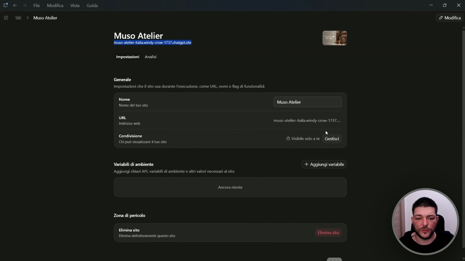 Pannello impostazioni di ChatGPT Sites: URL, dominio personalizzato e variabili d'ambiente