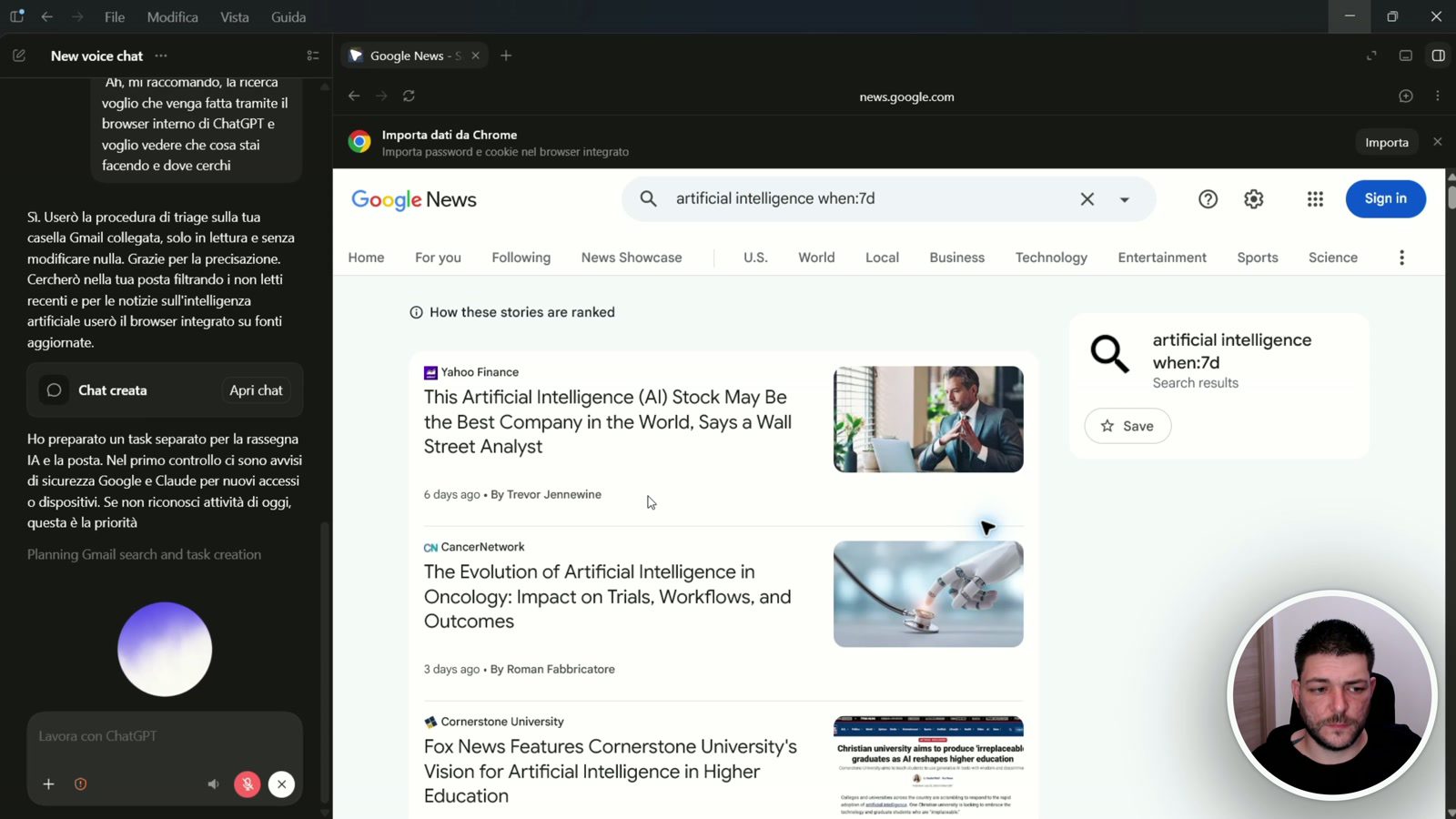 ChatGPT Voice usa il browser integrato per cercare notizie mentre lavora sulla posta