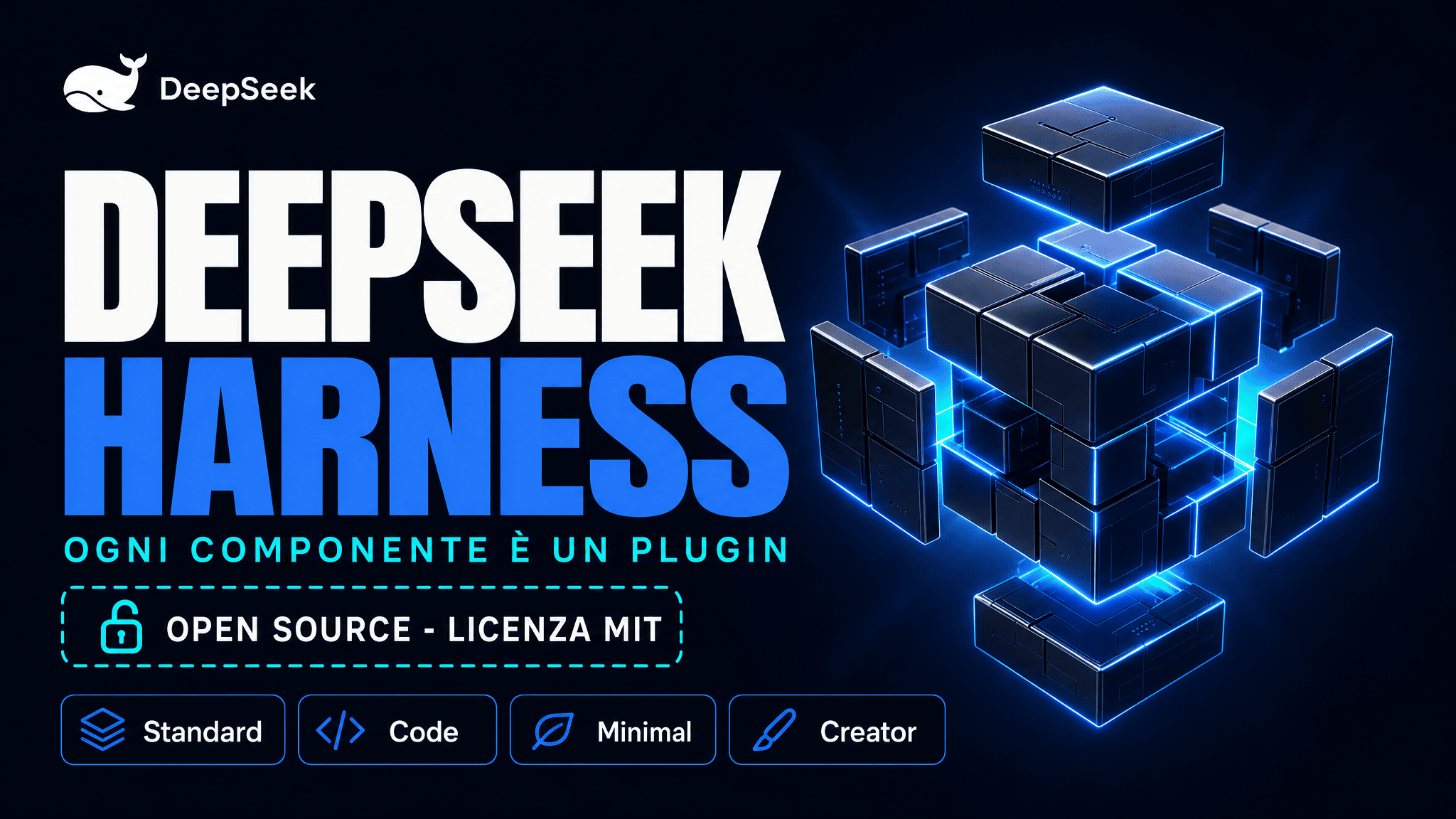 Copertina dell articolo su DeepSeek Harness, con il nome del progetto e un cubo scomposto in blocchi modulari che rappresenta l architettura a plugin